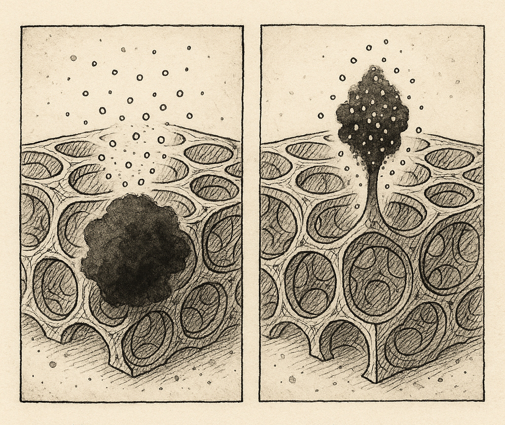 Le particelle di bicarbonato sono ora mostrate mentre sollevano e assorbono la macchia scura, portandola verso l alto, lontano dalla schiuma.