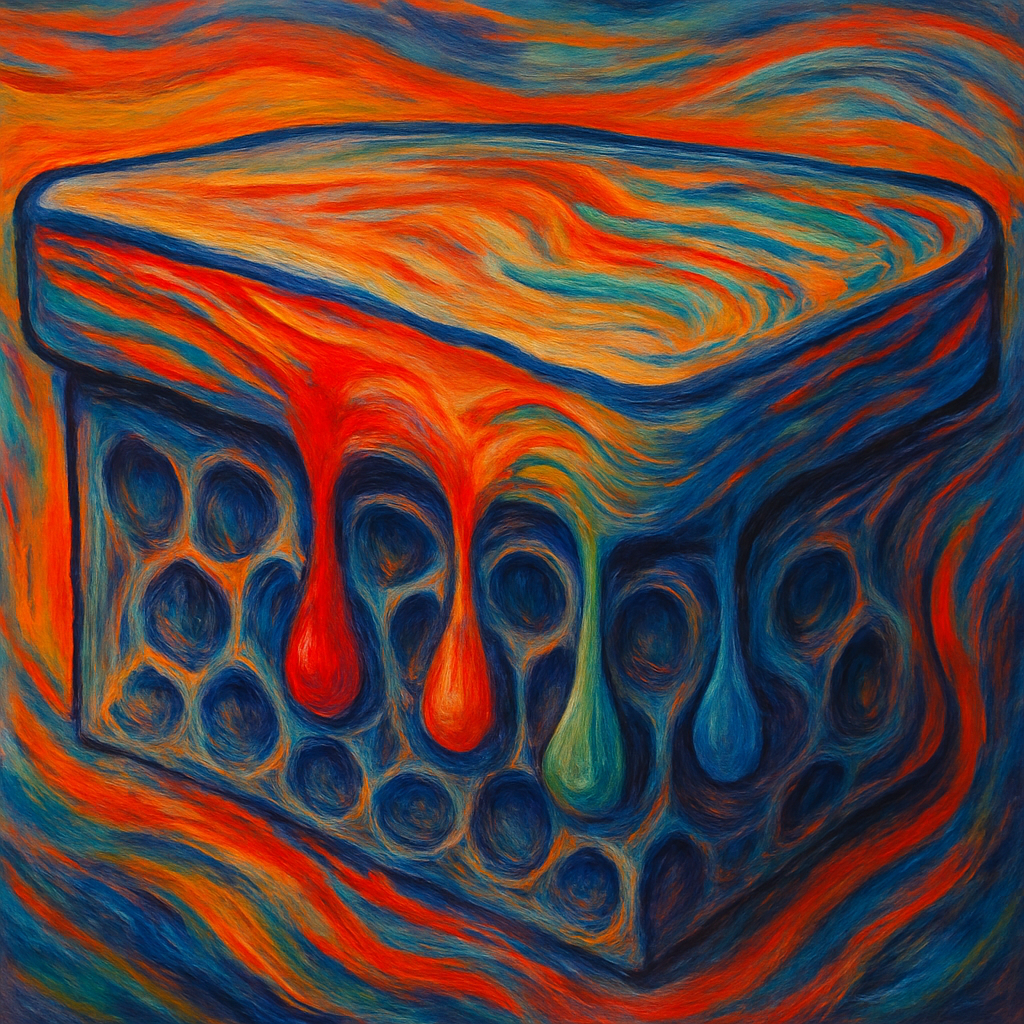 dipinto espressionista in stile «Munch» che mostra un materasso in sezione trasversale: le macchie di colore rosso, arancio, verde e blu sprofondano con linee vorticose all’interno della schiuma, suggerendo il movimento del liquido che penetra in profondità.