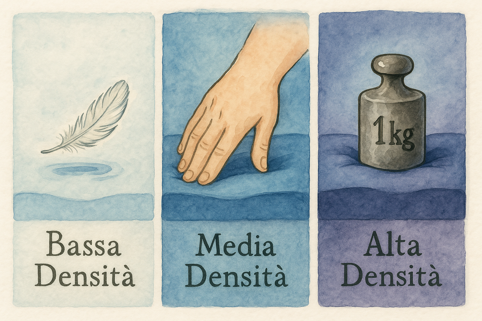 Una metafora visiva ad acquerello. Tre sezioni verticali una accanto all'altra. A sinistra (Bassa Densità), una piuma atterra su una superficie blu pallido, causando solo una lieve increspatura. Al centro (Media Densità), una mano si appoggia su una superficie di un blu più intenso, che si conforma dolcemente attorno ad essa. A destra (Alta Densità), un peso da bilancia è posizionato su una superficie blu scuro/viola, che lo avvolge profondamente, mostrando un supporto robusto e un contorno preciso. Lo stile artistico rende un concetto tecnico immediatamente intuitivo ed emotivamente risonante.