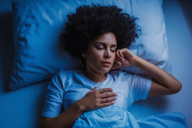 donna di colore che soffre di apnee notturne ripresa mentre dorme