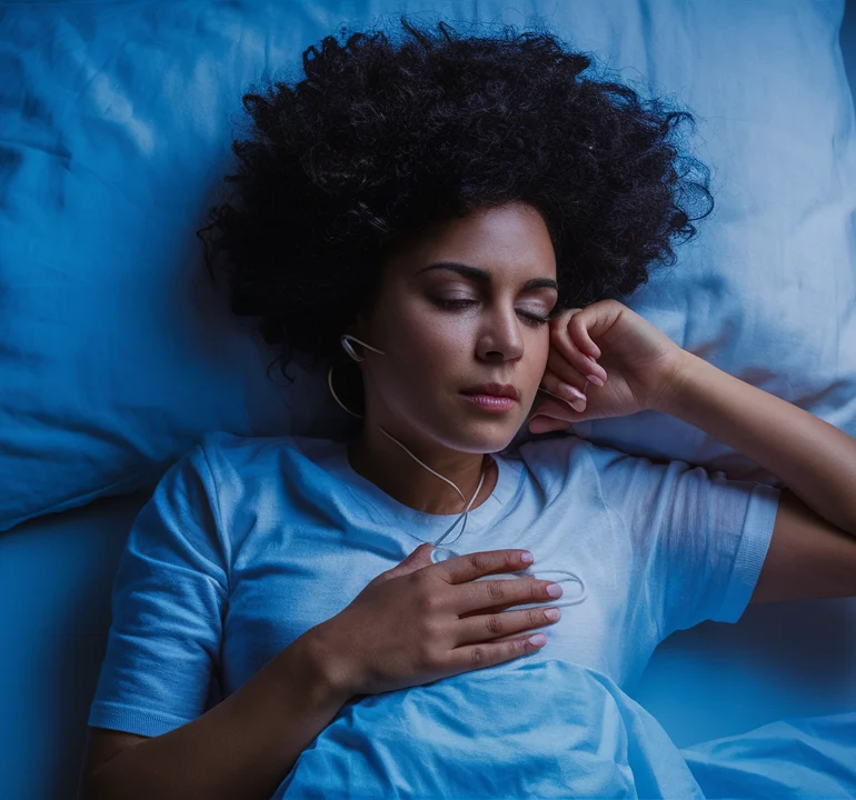 donna di colore che soffre di apnee notturne ripresa mentre dorme